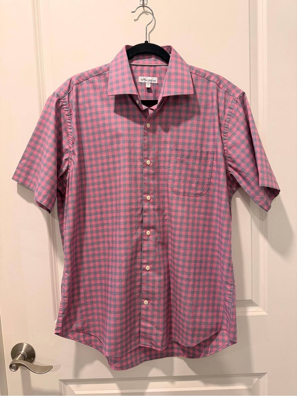 Peter Millar Pink and Gray Gingham Short-Sleeve Button-Down